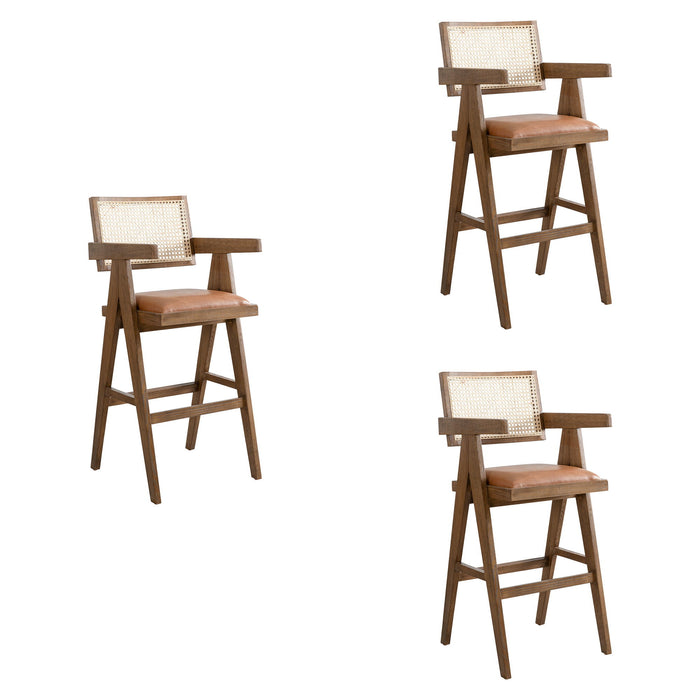 Harley - Nutmeg Brown Solid Wood And Rattan Upholstered 30" Bar Height Barstool