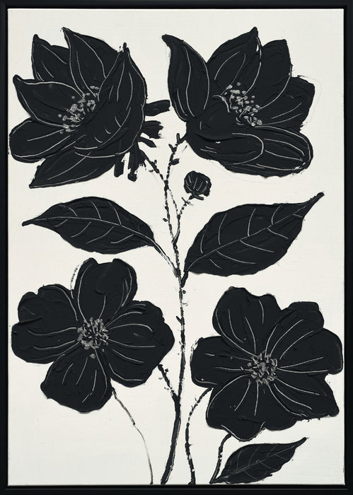 "Nocturnal Blooms I" Hand-Painted Canvas In Frame - Black