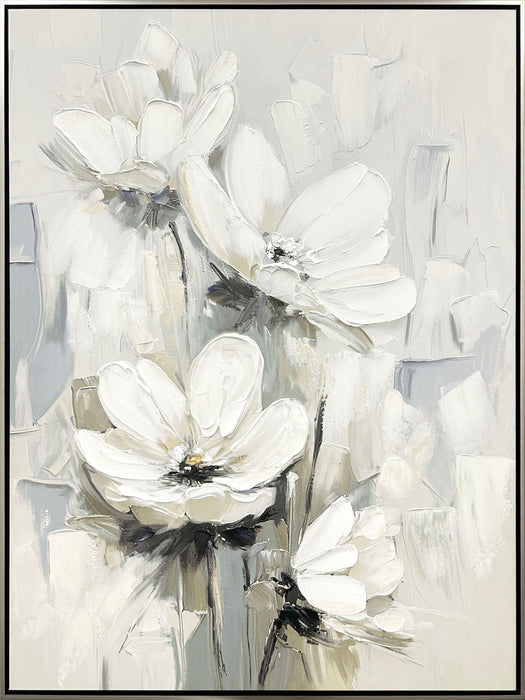 "Whispering Blooms I" Hand-Embellished Canvas In Frame - White / Gray / Black