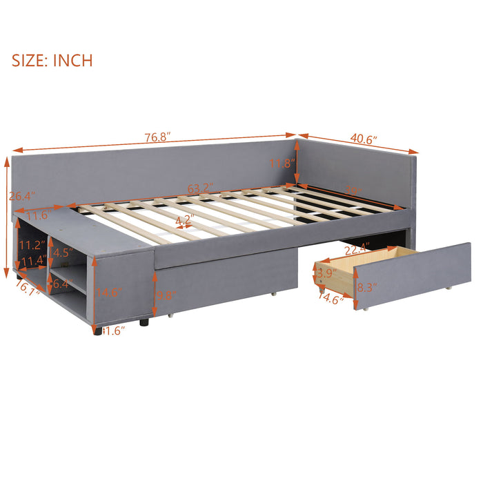L Shaped Upholstered Platform Bed With Storage And Drawers