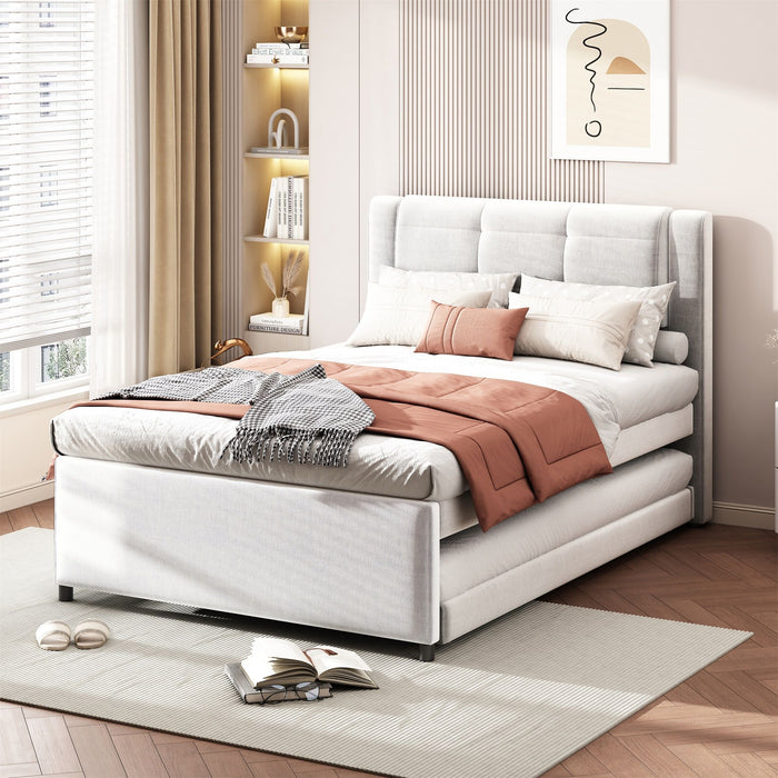 Upholstery Platform Bed With Trundle,Trundle Can Be Flat Or Erected