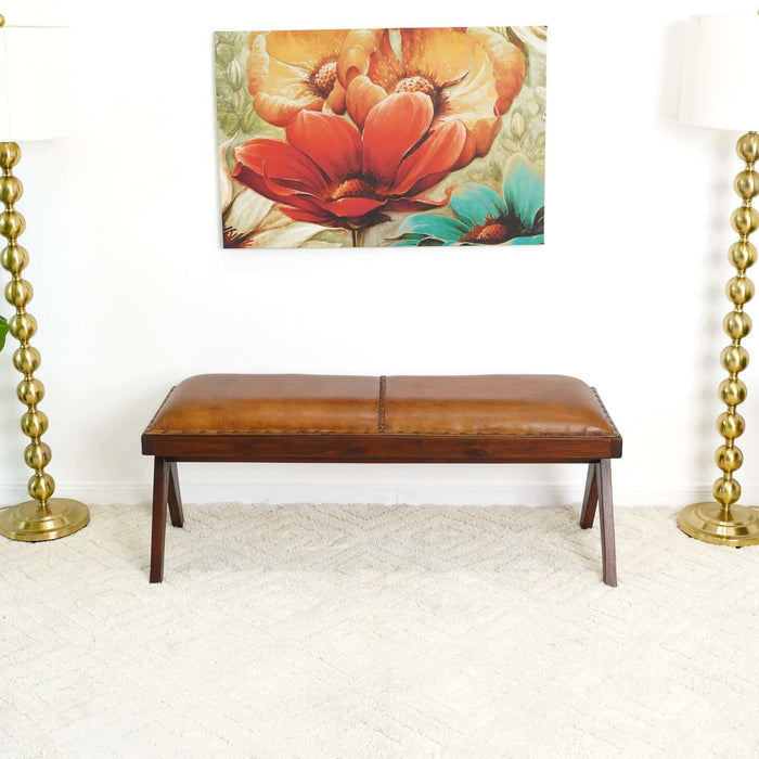 Chad - Mid-Century Modern Leather Bench - Brown / Tan