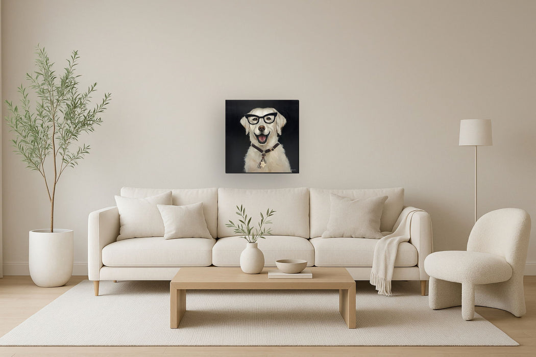 Cheerful Scholar Pup - 25" x 25" Framed Wall Art