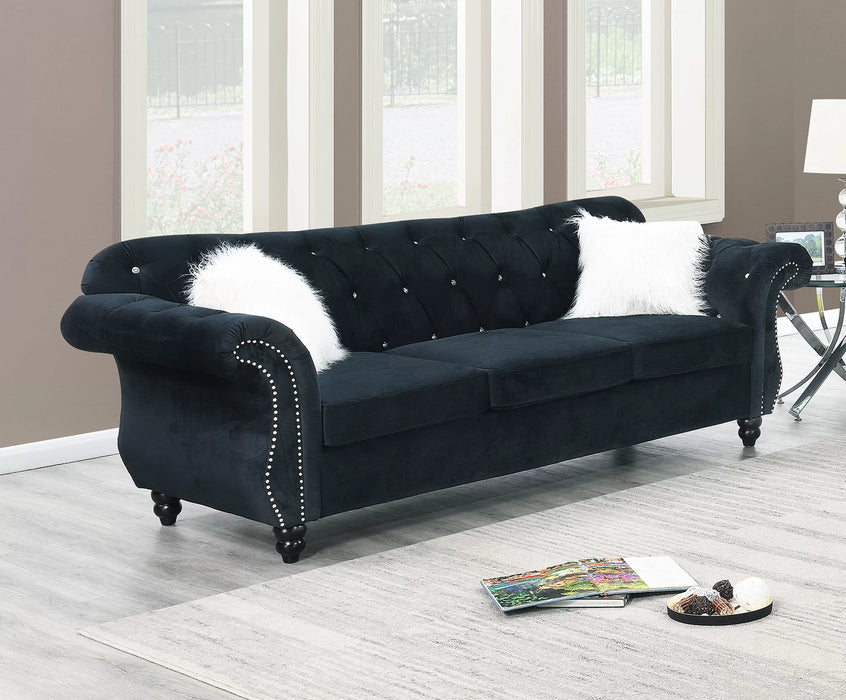 Black velvet sofa and loveseat set on showroom clearance at Sacramento Furniture Store, now $849 for both pieces.