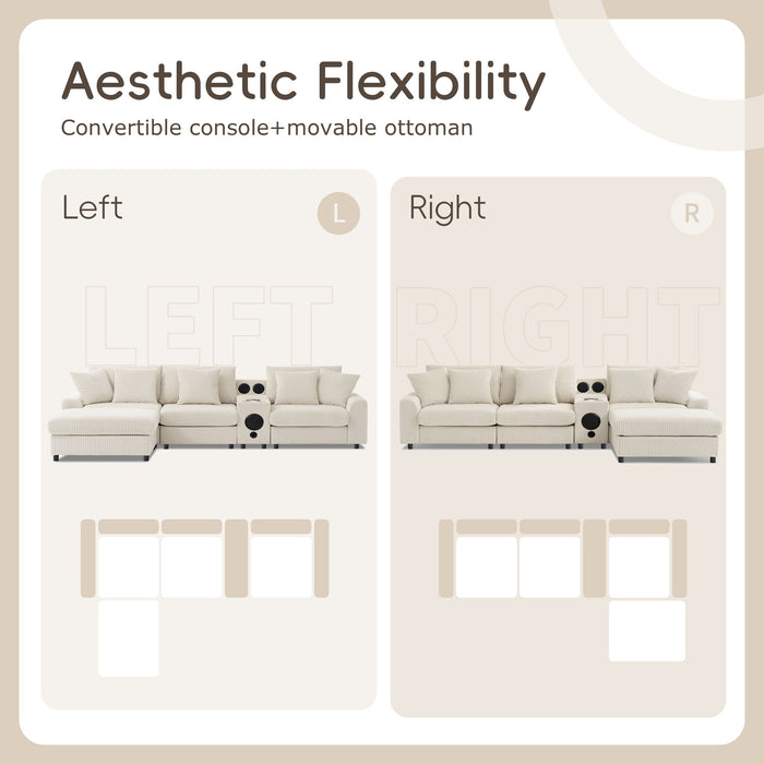 Sectional With Bluetooth Speakers L Shaped Couch With Console USB Charger, Cup Holders Storage Ottoman Deep And Wide Seat Cloud Sofa