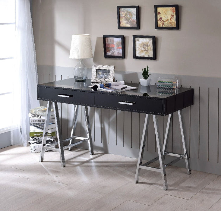 Coleen - Writing Desk With USB - Black High Gloss & Chrome