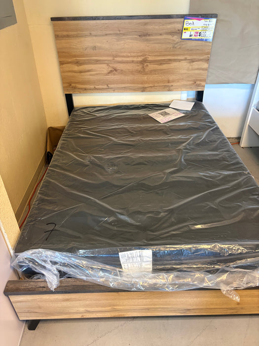 Kaywood mid-century modern panel bed in natural pine and weathered brown on furniture clearance in Sacramento, CA.