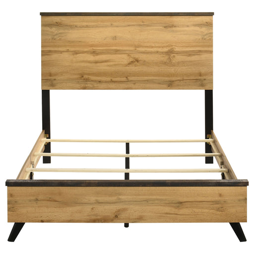 Kaywood Twin panel bed with natural pine wood-grain finish and mid-century modern design at Sacramento Furniture Store.