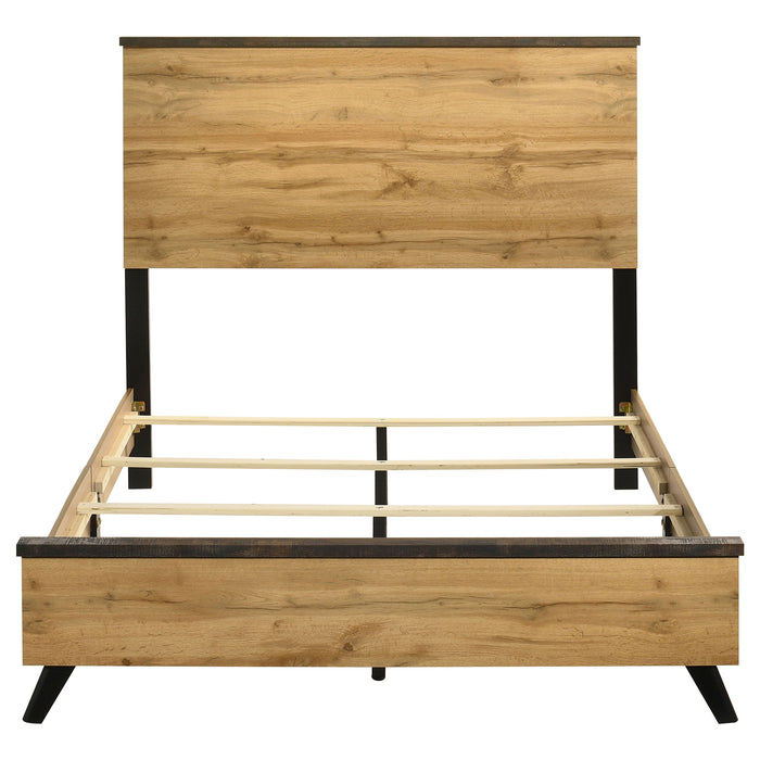 Kaywood Twin panel bed with natural pine wood-grain finish and mid-century modern design at Sacramento Furniture Store.