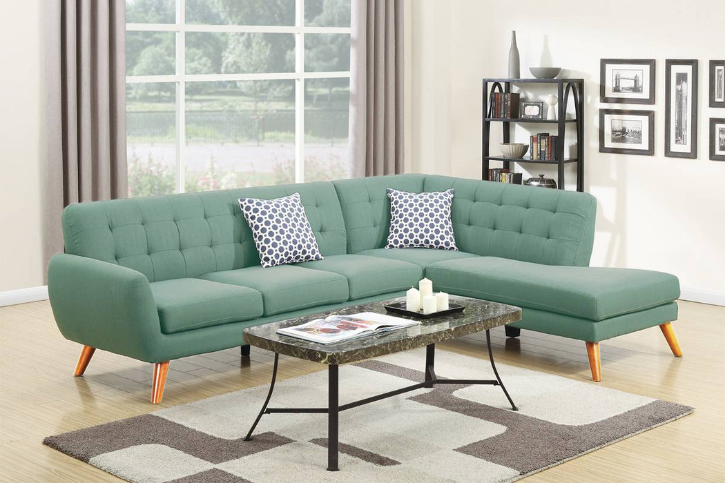 Laguna aqua mid-century modern sectional with right-facing chaise and tufted upholstery on showroom clearance at Sacramento Furniture Store.