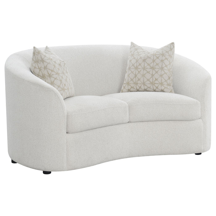 Latte bouclé loveseat with curved silhouette and sloped arms on showroom clearance at Sacramento Furniture Store.