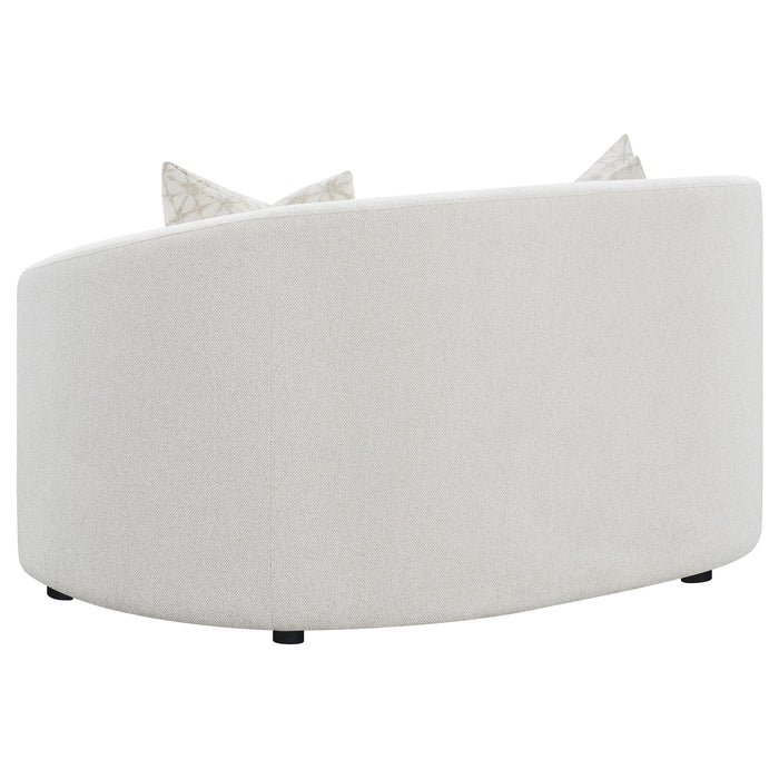 Latte upholstered loveseat with sculptural curved design available at Sacramento Furniture Store near Carmichael