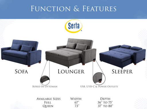 Newport sofa sleeper with pocket coil comfort and USB charging ports