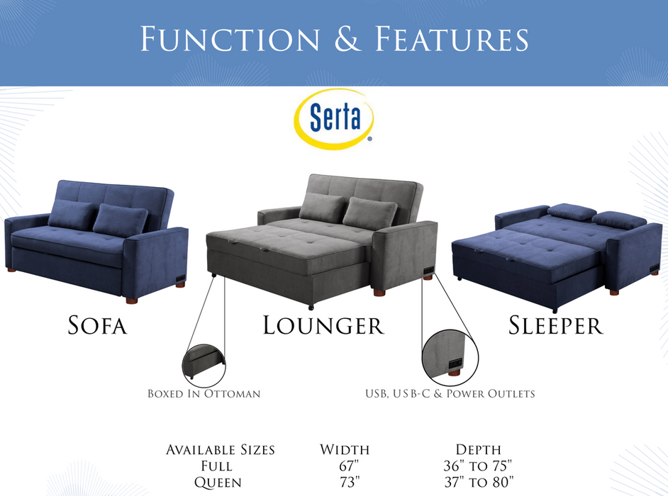 Newport sofa sleeper with pocket coil comfort and USB charging ports