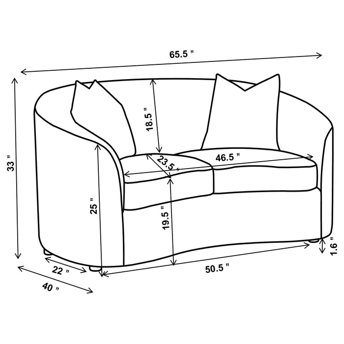 Soft latte bouclé loveseat with plush seating and accent pillows at our Sacramento furniture outlet