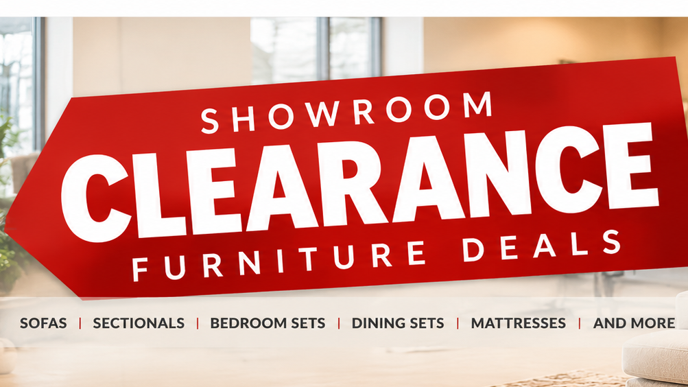 Showroom furniture clearance sale at Sacramento Furniture Store near Carmichael and Citrus Heights, featuring discounted sofas, sectionals, bedroom sets, dining furniture and mattresses.