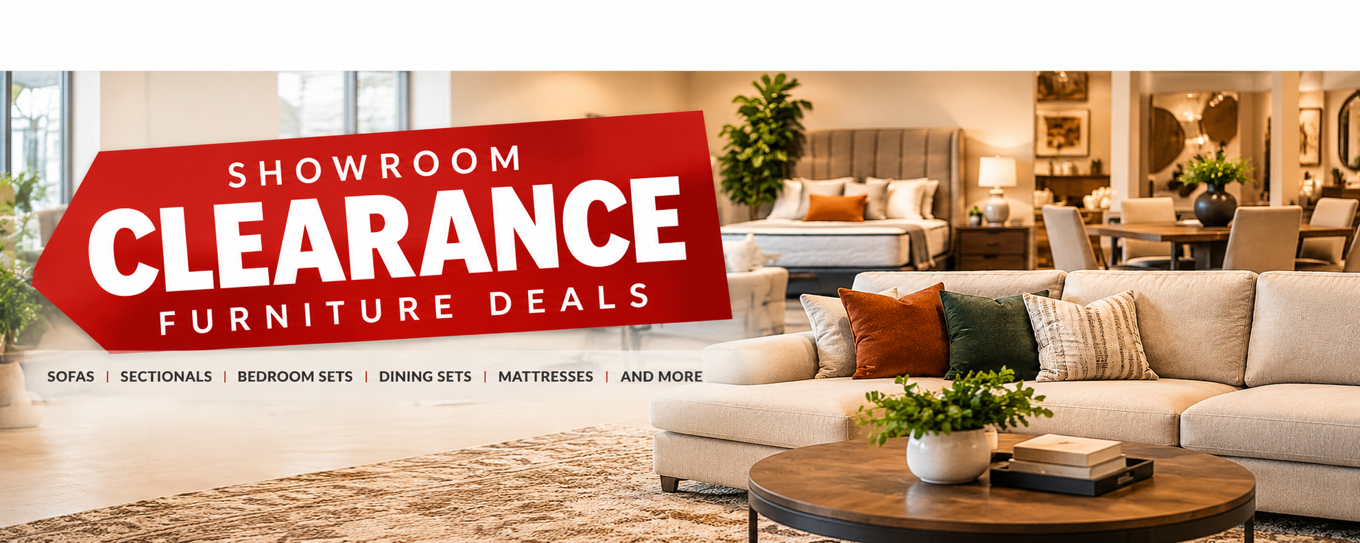 Showroom furniture clearance sale at Sacramento Furniture Store near Carmichael and Citrus Heights, featuring discounted sofas, sectionals, bedroom sets, dining furniture and mattresses.