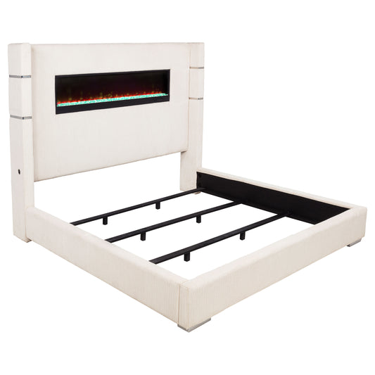 Tisdall Upholstered Eastern King Flame Visualizer Bed Cream
