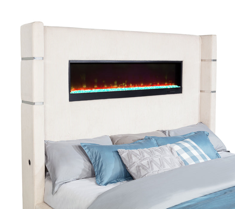 Tisdall Upholstered Eastern King Flame Visualizer Bed Cream