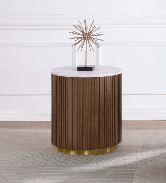 Jason Round White Marble Top Side End Table Honey Brown