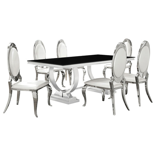 Antoine 7-piece Black Tempered Glass Dining Set Cream White Chairs