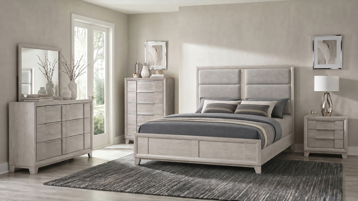 Farre Eastern King Upholstered Panel Bed Washed Grey