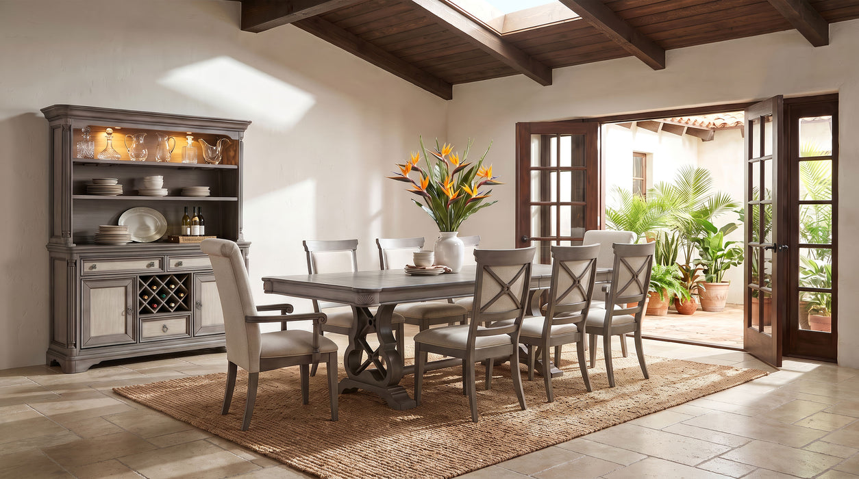 Cresswell 104-inch Double Pedestal Extension Dining Table Weathered Taupe