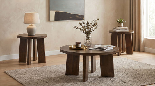 Strouse 3-Piece Round Coffee and End Table Set in Dark Walnut