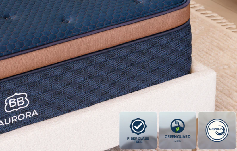 Brooklyn Bedding Aurora Luxe mattress close-up showing cooling cover and comfort layers